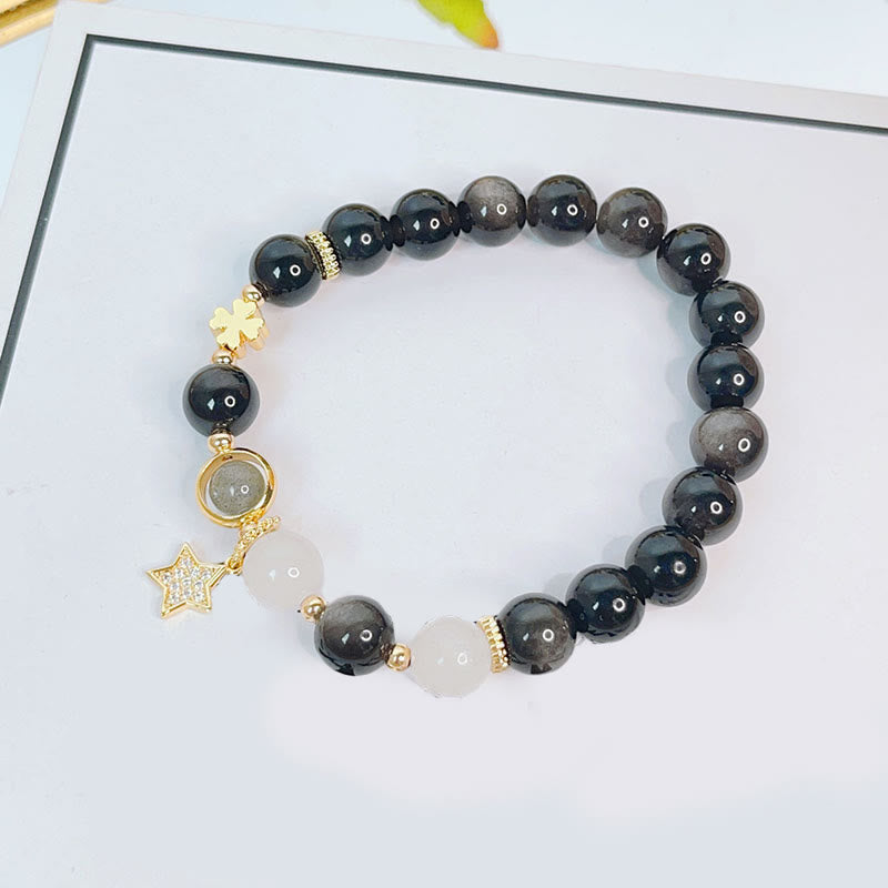Natural Silver Sheen Obsidian Love Heart Star Flower Protection Bracelet