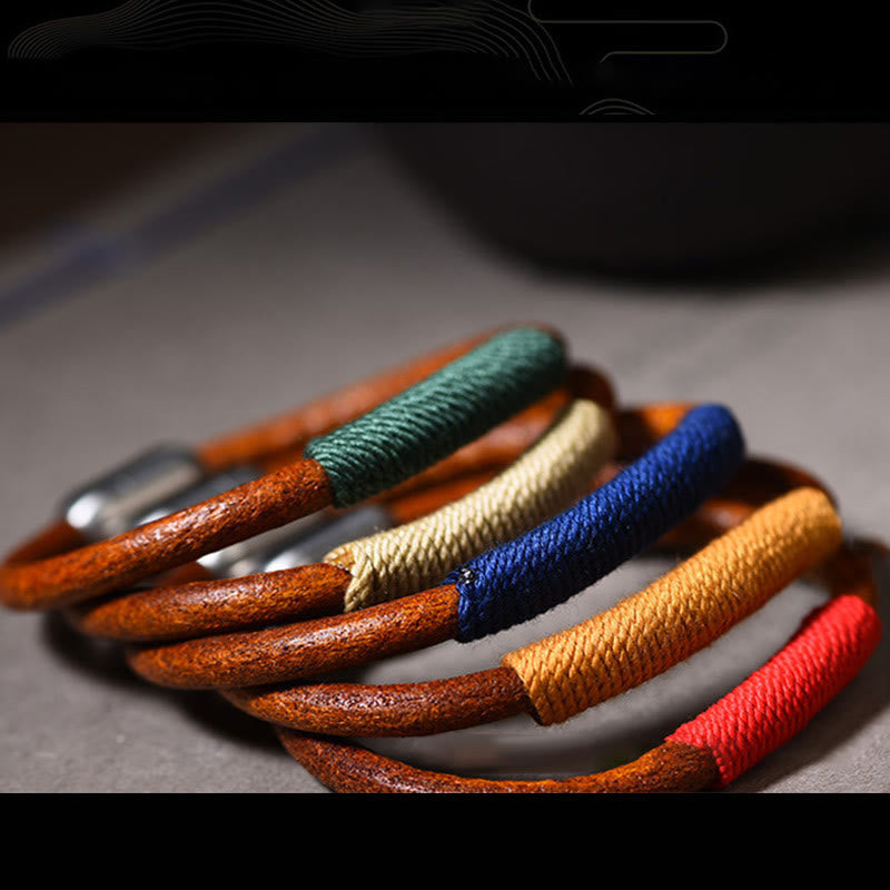 Tibetan Leather Handmade Five Elements Luck Braid String Buckle Bracelet