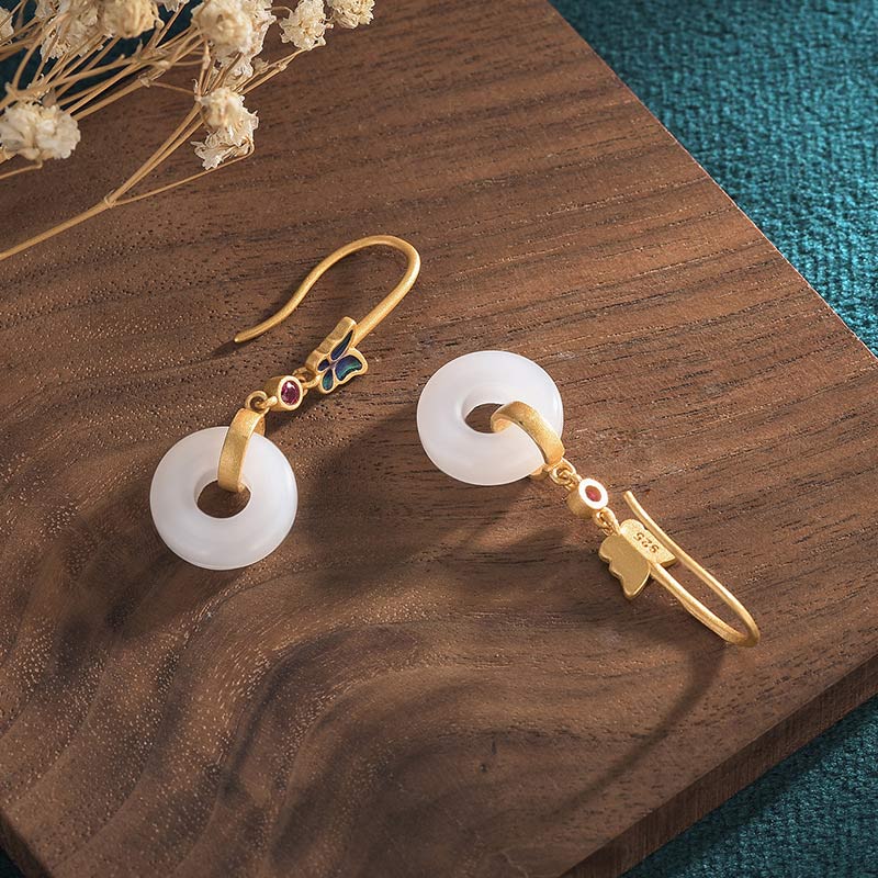 Handcrafted White Jade Butterfly Copper Dangle Earrings