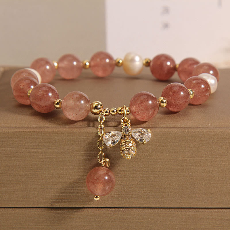 Strawberry Quartz and Pearl Beaded Bracelet with Zircon Honeybee Charm