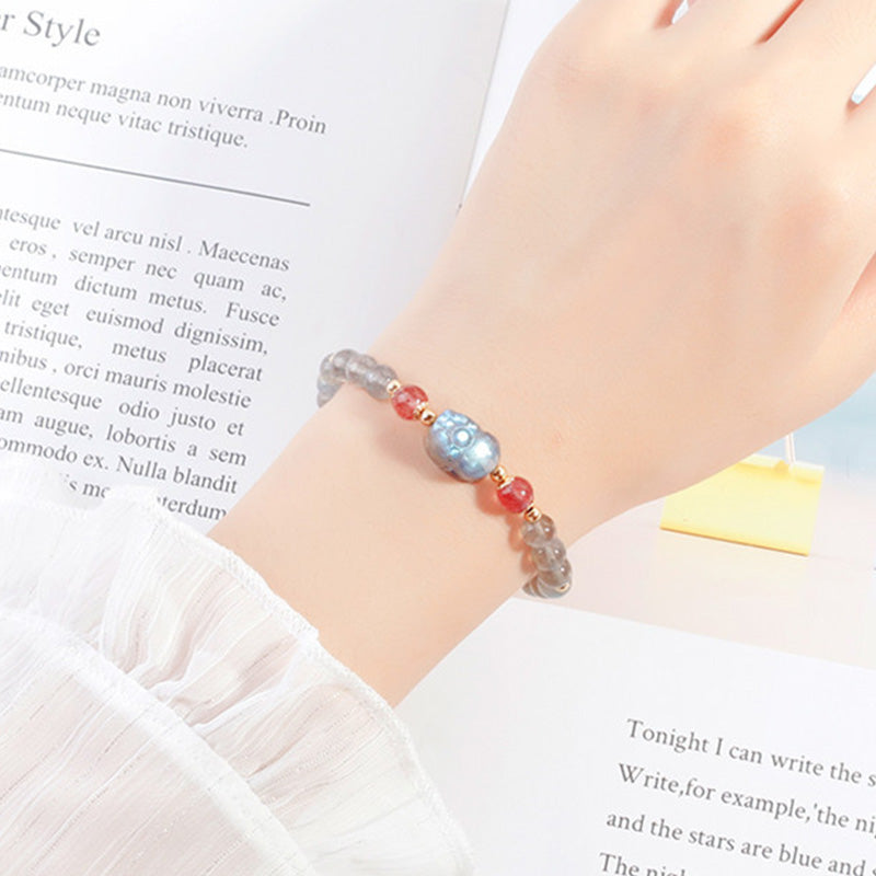 Moonstone and Strawberry Quartz Gold Pixiu Beaded Bracelet