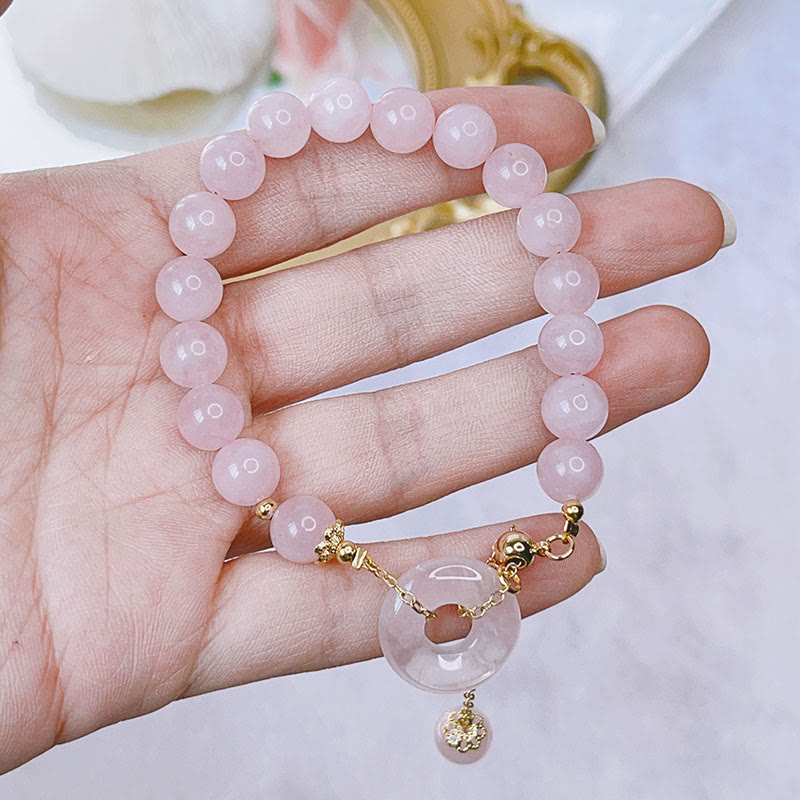 Natural Rose Quartz Beaded Bracelet with Ping An Kou Peace Buckle Charm