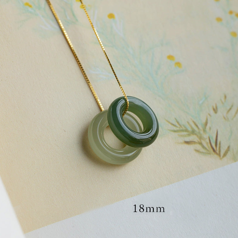 Natural Round Jade Ping An Kou 925 Sterling Silver Gold Plated Pendant Necklace