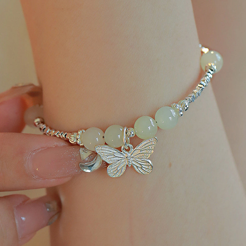925 Sterling Silver Natural Hetian Jade Luck Butterfly Charm Bracelet