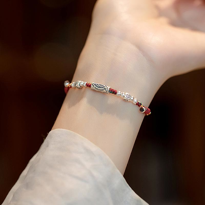 Braided Red String & 925 Sterling Silver Koi Fish Adjustable Bracelet Anklet