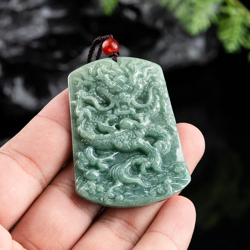 Natural Jade Chinese Zodiac Dragon Sea Luck String Necklace Pendant