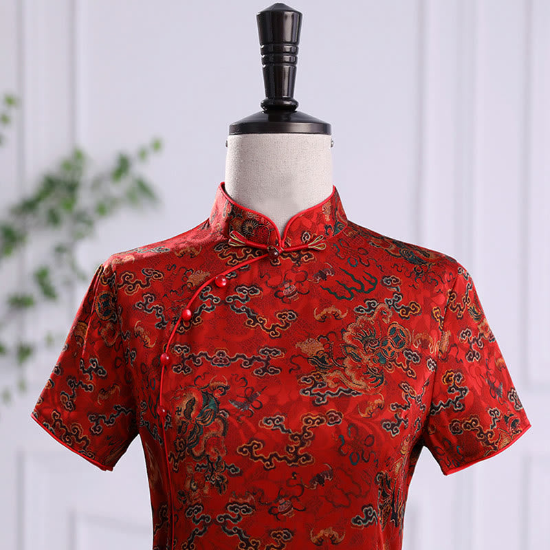 Vintage Auspicious Clouds Leaf Print Cheongsam Dress Women's Qipao Dress