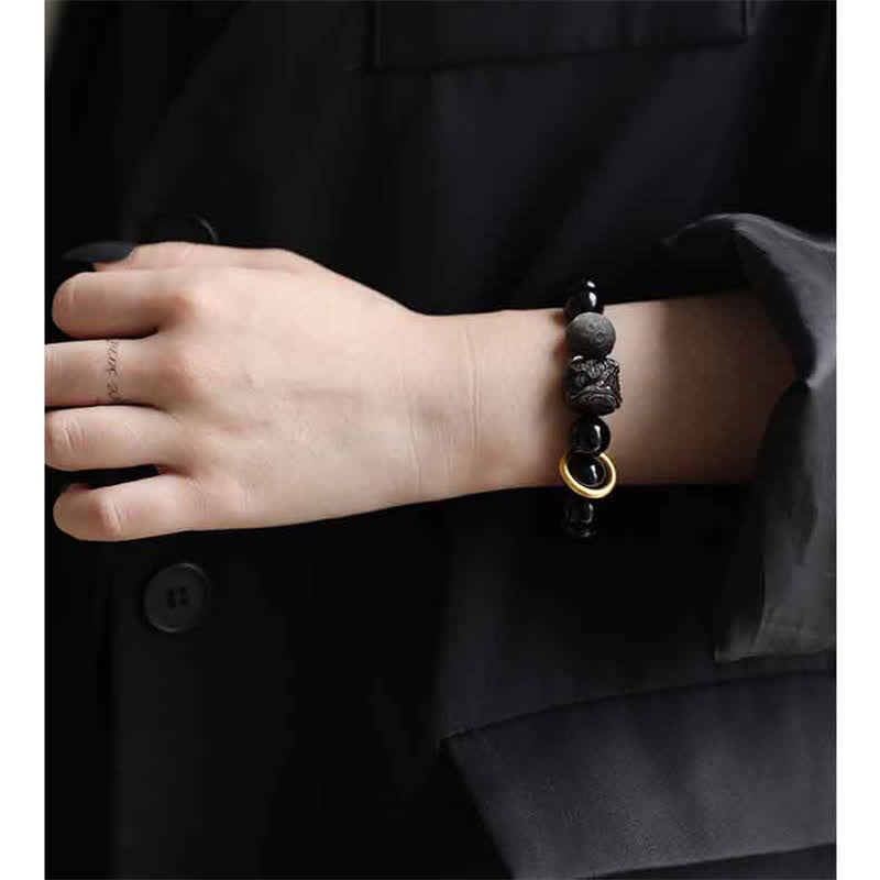 Guardian Lion Silver Sheen & Black Obsidian Beaded Resilience Bracelet