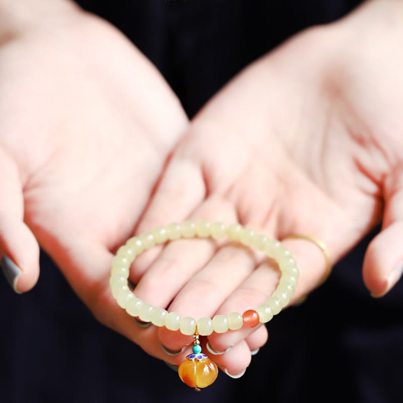 Natural Hetian Jade Amber and Red Agate Pumpkin Carved Gemstone Bracelet