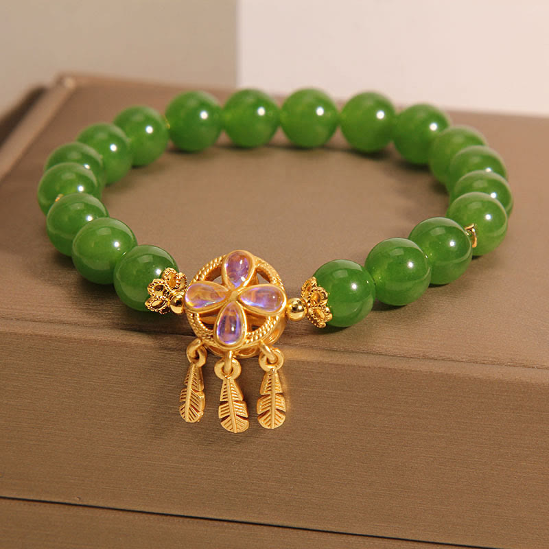 Green Jade Dreamcatcher Four Leaf Clover Luck Bracelet