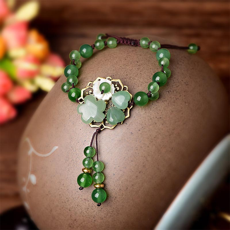 Natural Cyan Jade, Green Aventurine & Agate Dangling Flower Beaded Bracelet