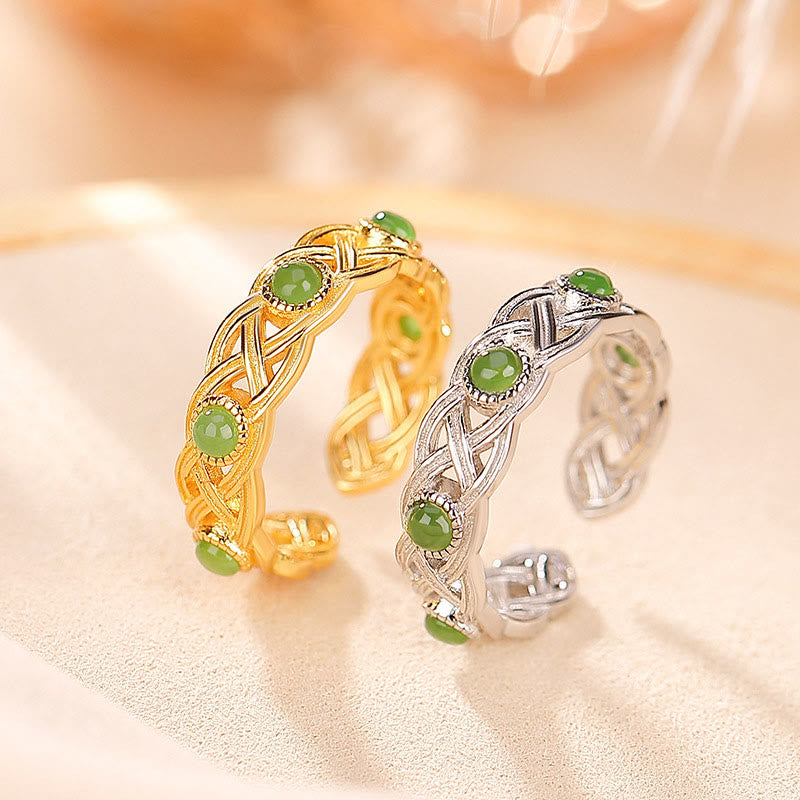 925 Sterling Silver Plated Gold Cyan Jade Braided Design Success Luck Adjustable Ring