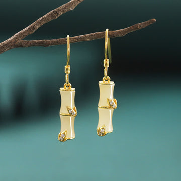 925 Sterling Silver Hetian Jade Chrysoberyl Cat Eye Red Agate Bamboo Luck Drop Earrings