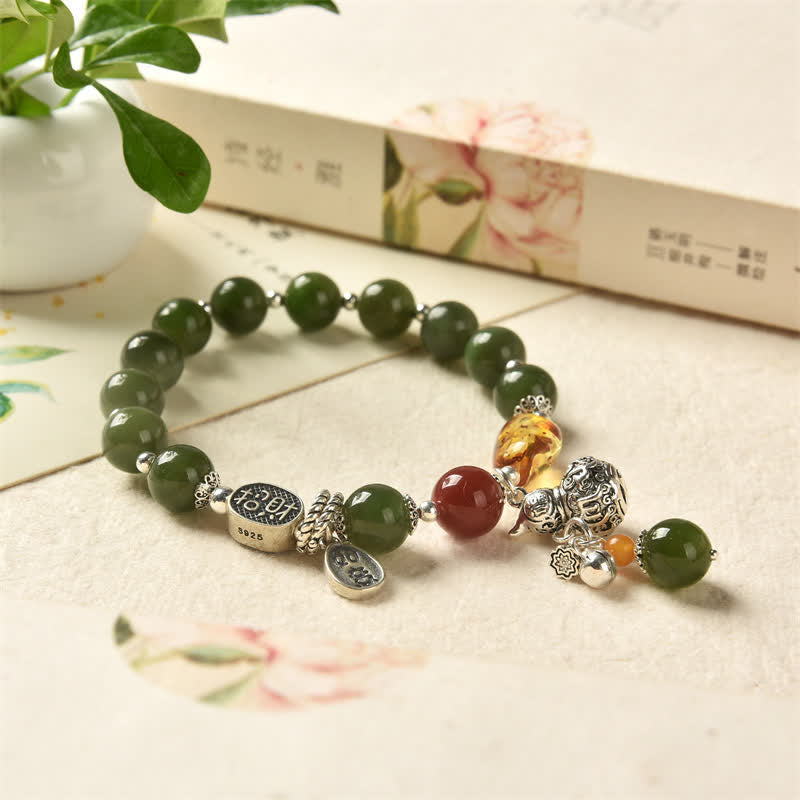 925 Sterling Silver Hetian Cyan Jade Gourd and Amber Harmony Bracelet