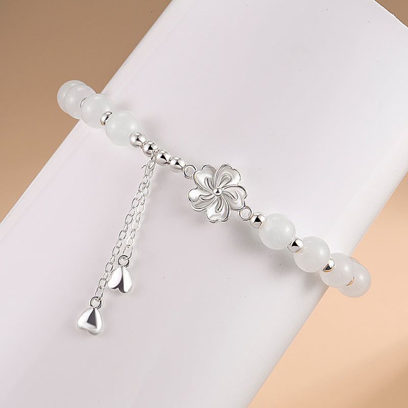 White Jade Peach Blossom Petals Flower Luck Bracelet