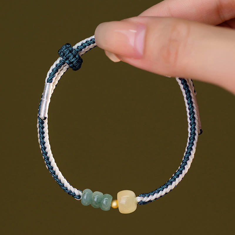925 Sterling Silver Hetian Jade Bead Abundance Braided Rope Bracelet
