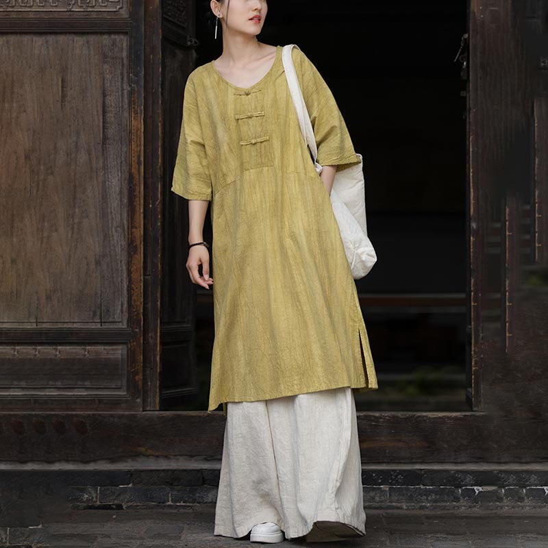 Ramie Linen Tie-Dye Frog-Button Meditation Midi Dress & Wide-Leg Pants Set