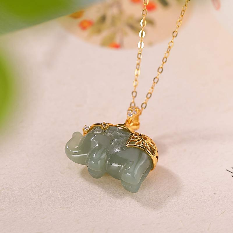 Gold Plated 925 Sterling Silver Jade Elephant Pendant Unisex Necklace