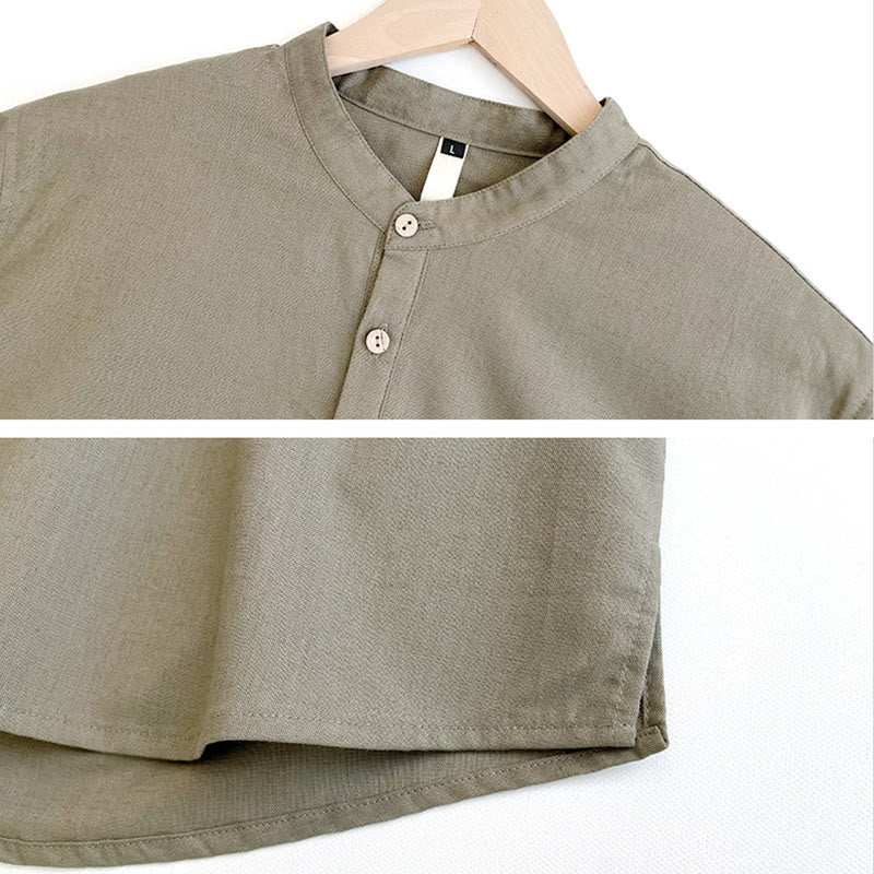 Solid Color Men Short Sleeve Button Linen Shirt