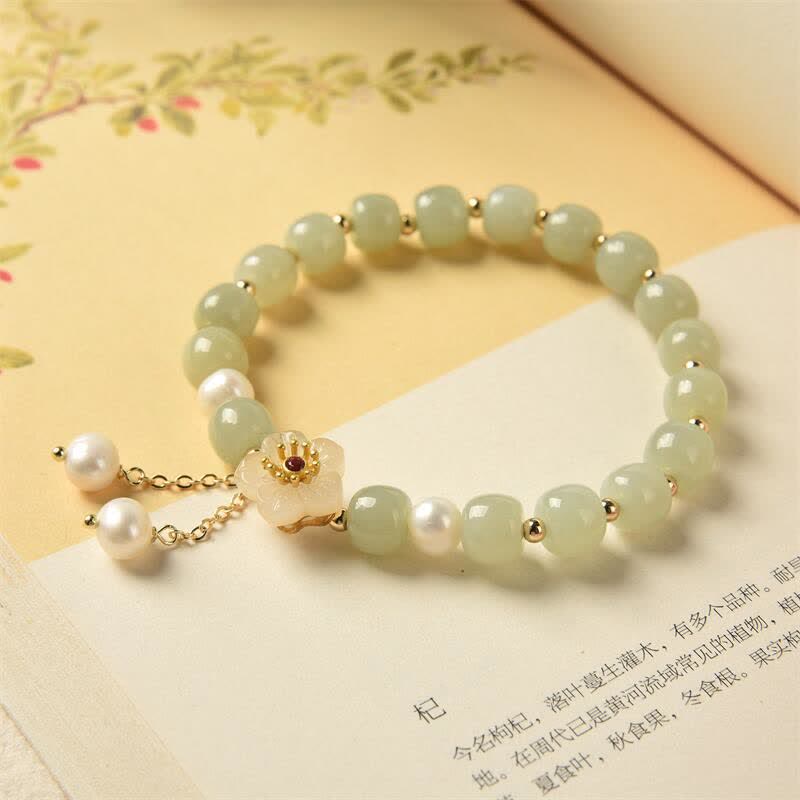 Handcrafted Hetian Jade and Pearl Flower Bracelet for Emotional Balance