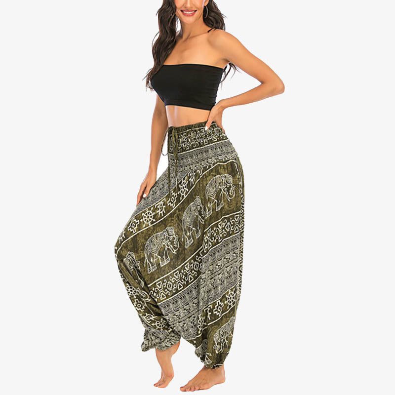 Two Style Wear Elephant Pattern Loose Smocked Harem Trousers Jumpsuit Women's Yoga Pants