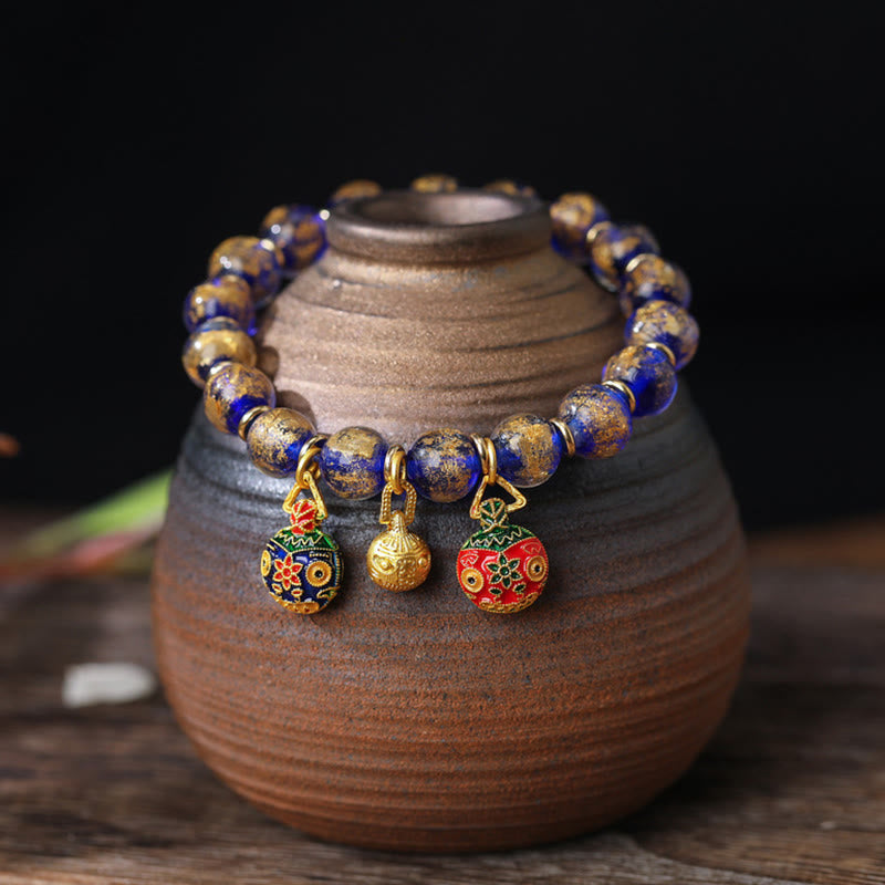 Gold Swallowing Beast Family Charm Gold Silver Foil Liuli Glass Bead Blessings Bracelet