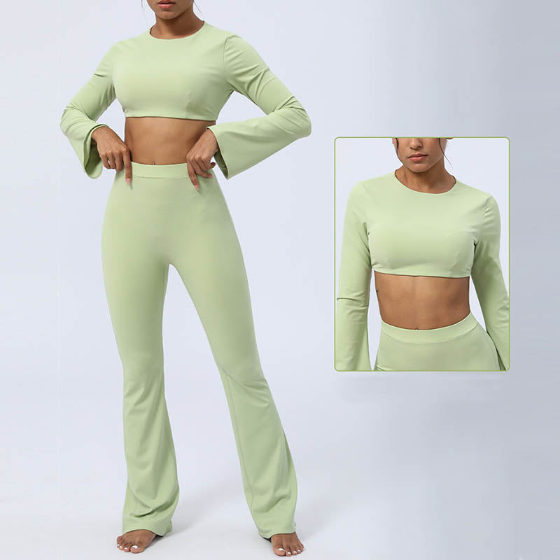 Long Sleeve Backless Strap Top Bra Flare Pants Fitness Yoga Outfit