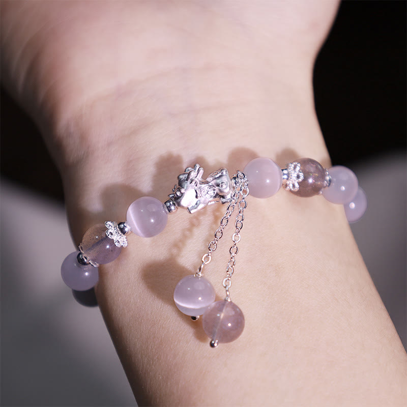 Natural Cat's Eye Moonstone Strawberry Quartz PiXiu Support Bracelet