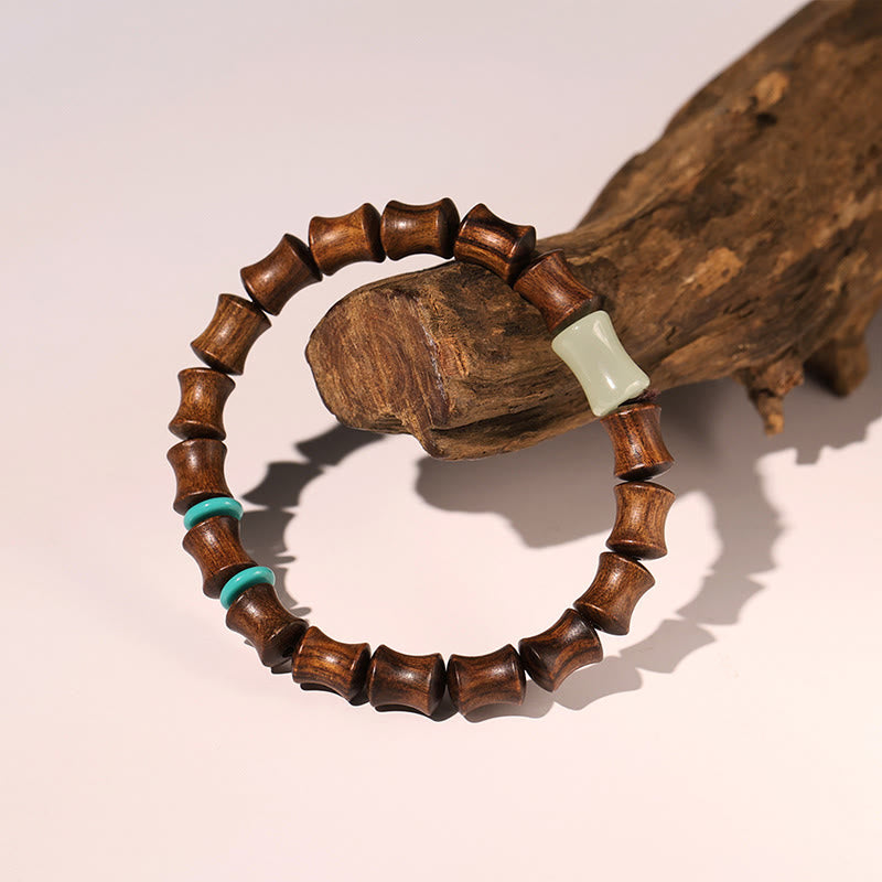 Hand-Carved Rosewood & Jade Turquoise Copper Auspicious Clouds Fu Symbol Bracelet