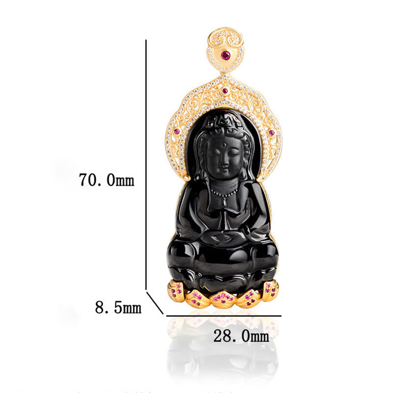 925 Sterling Silver Natural Black Jade Kwan Yin Avalokitesvara Wealth Necklace Pendant