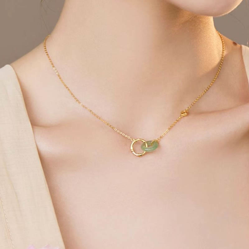 Green Aventurine and Sterling Silver Bamboo Ping An Kou Peace Buckle Pendant Necklace