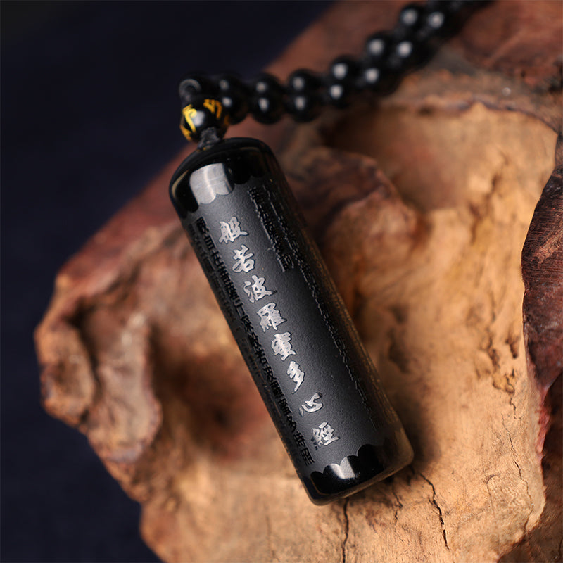 Natural Black Obsidian Heart Sutra Purification Necklace Pendant