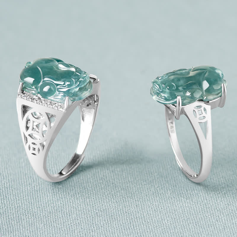 925 Sterling Silver Fengshui Wealth Prosperity Jade PiXiu Luck Ring