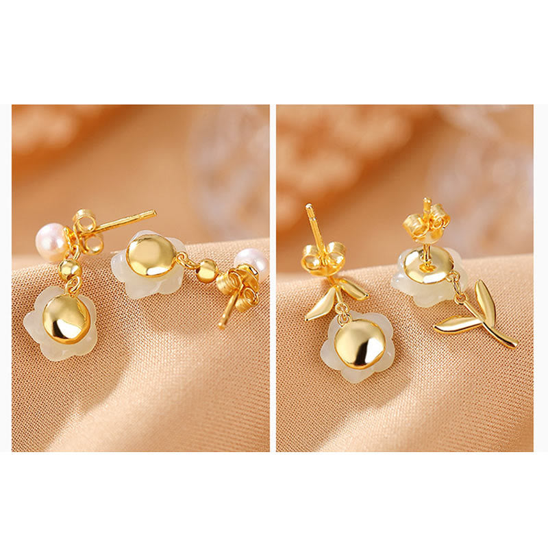 925 Sterling Silver Plated Gold Jade Rose Flower Cyan Jade Pearl Luck Earrings