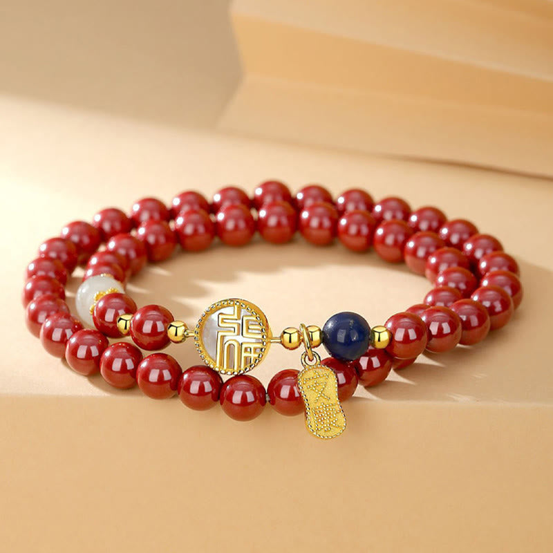 925 Sterling Silver Cinnabar Tridacna Stone Fu Character Double Wrap Blessing Bracelet