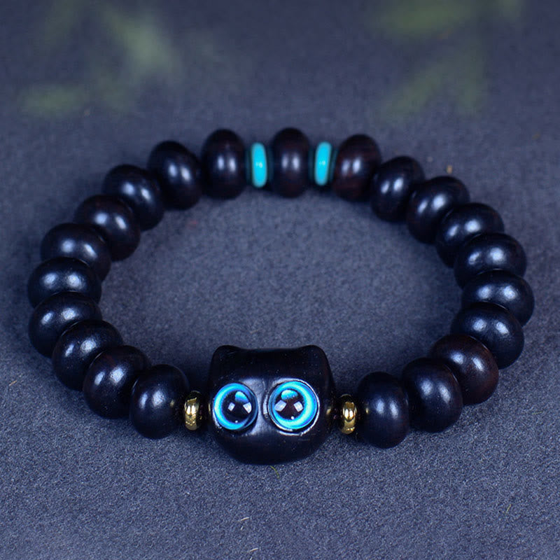 Natural Ebony Wood and Liuli Glass Lucky Cat Beaded Bracelet for Cat Lovers