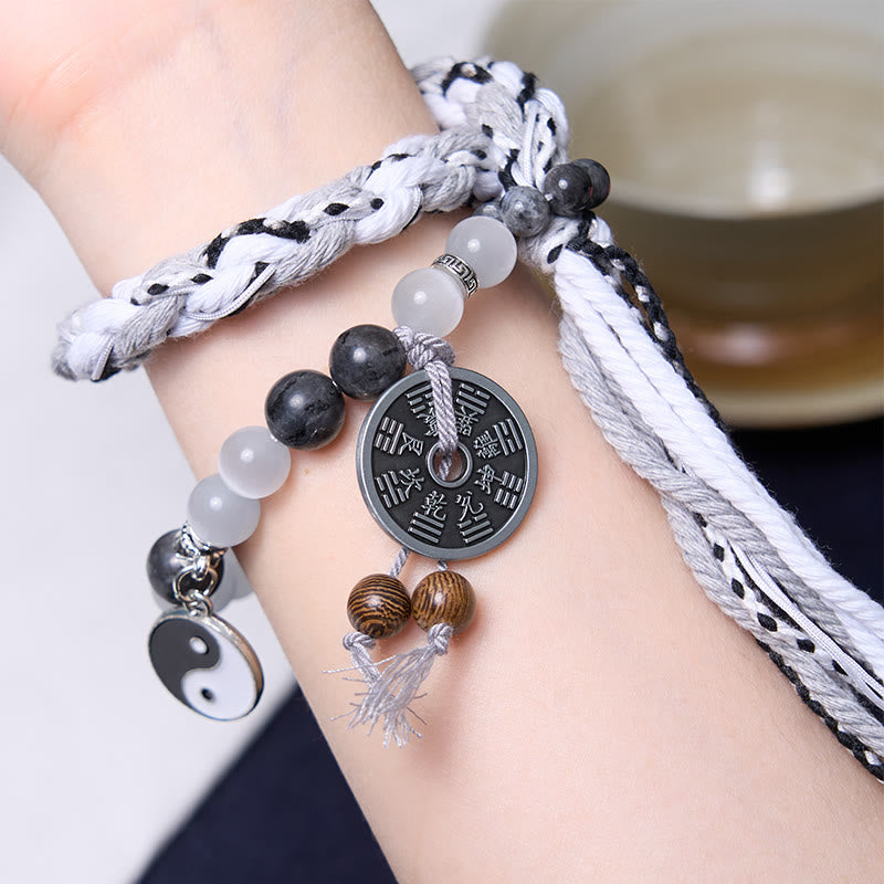 Mountain Ghost Coin & Yin Yang Bagua Rune Double Layer Rope Bracelet