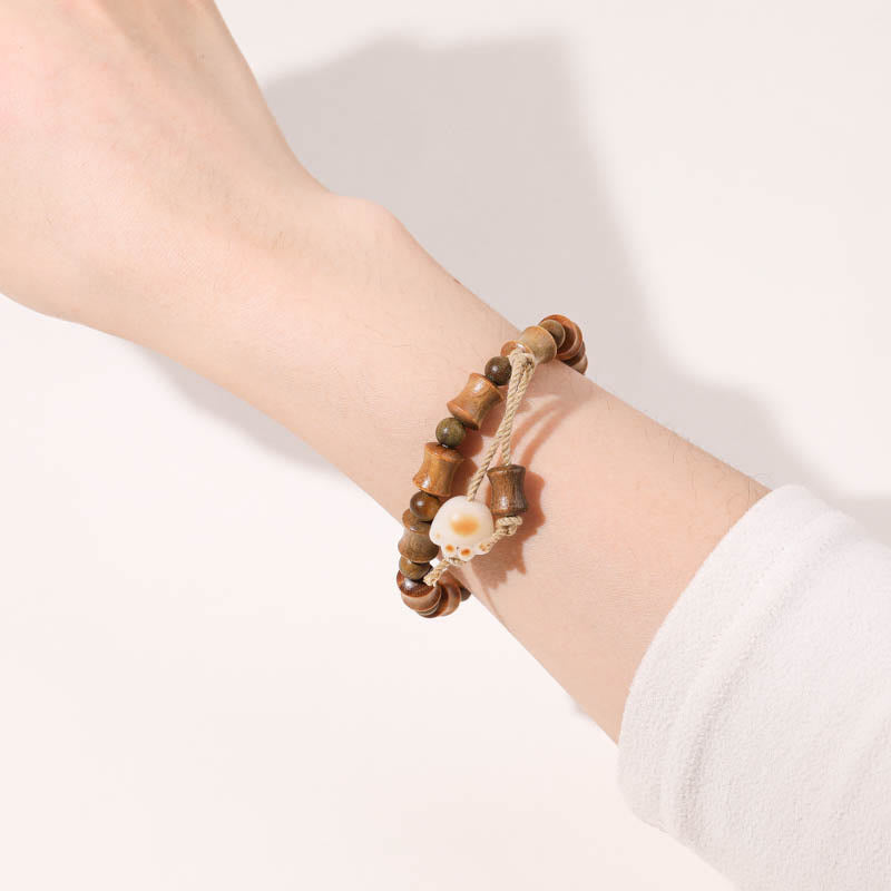 Natural Green Sandalwood & Bodhi Seed Carved Cat Claw Bamboo Bracelet