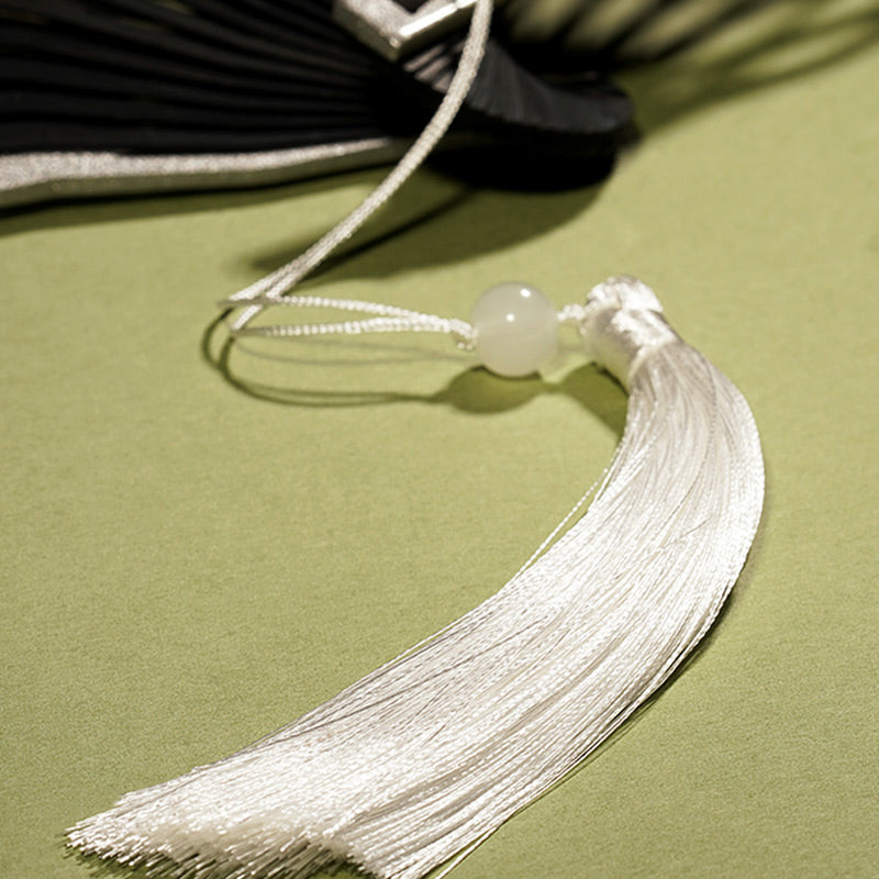 Vintage Blue White Crane Pattern Handheld Silk Bamboo Folding Fan