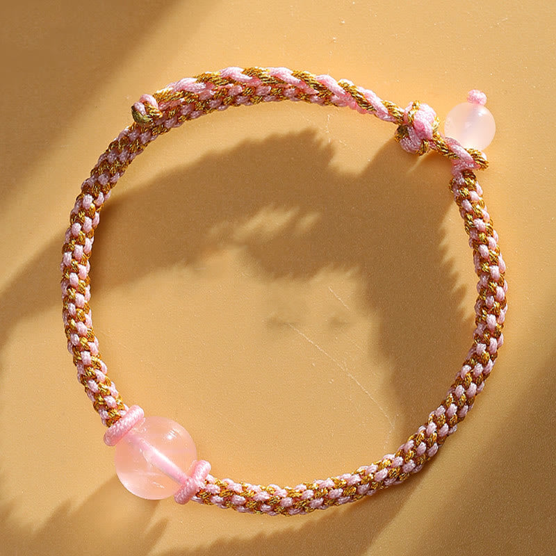 Handmade Red Agate Amethyst Golden Rutilated Quartz Pink Crystal Bead Calm Braided Bracelet
