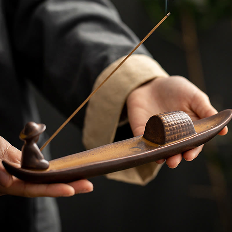 Handcrafted Ceramic Fisherman Zen Scene Healing Incense Burner