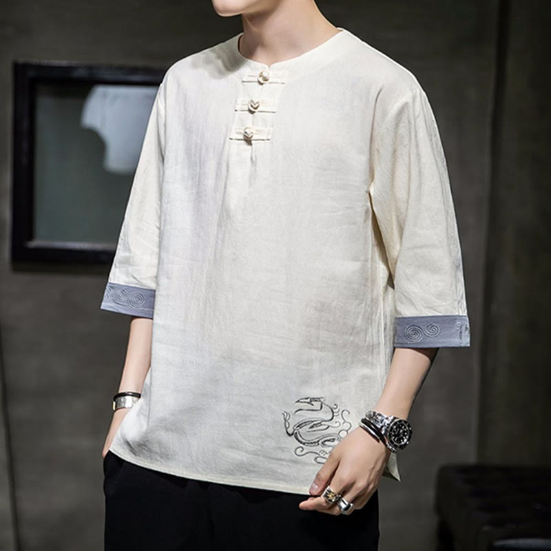 Frog-Button Dragon Embroidery Chinese Tang Suit Three Quarter Sleeve Shirt Cotton Linen Men Clothing