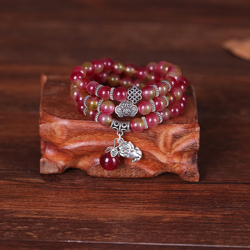 Natural Watermelon Tourmaline PiXiu Elephant Positive Triple Wrap Bracelet