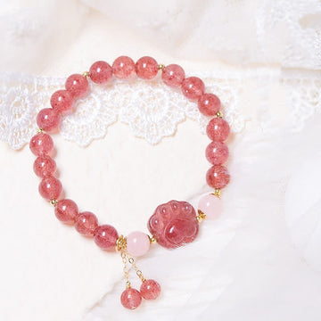 Handmade Rose & Strawberry Quartz Crystal Cat Paw Beaded Bracelet