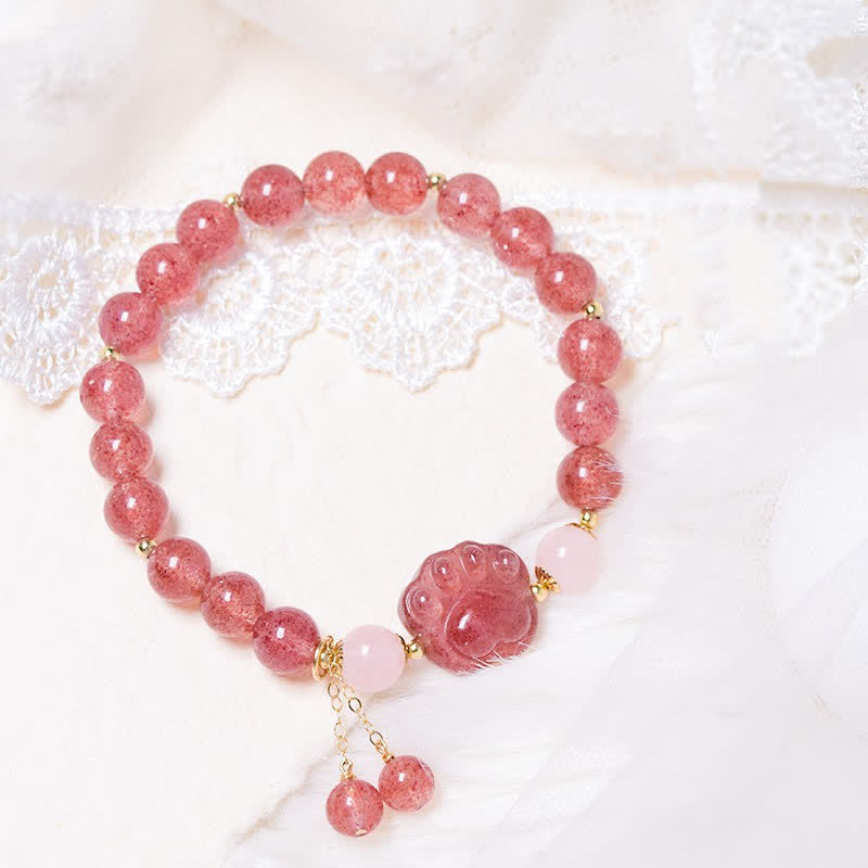 Handmade Rose & Strawberry Quartz Crystal Cat Paw Beaded Bracelet