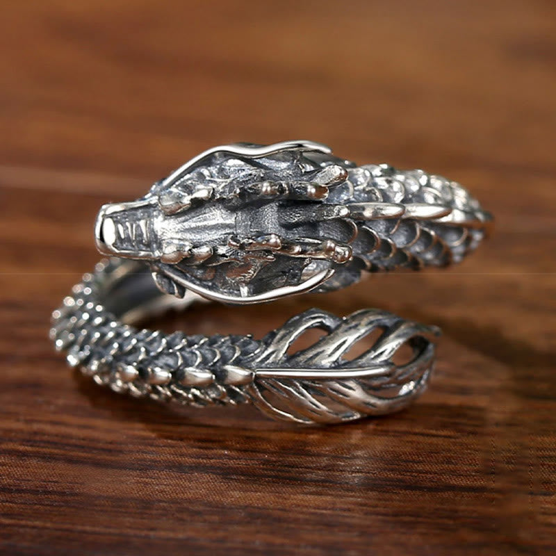 925 Sterling Silver Vintage Dragon Success Protection Strength Adjustable Ring