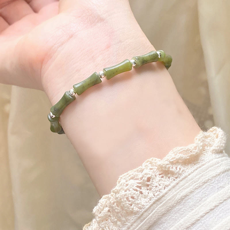 925 Sterling Silver Bamboo Jade Lucky Cat Fu Character Luck Abundance Bracelet