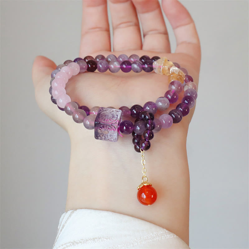 Natural Amethyst Citrine & Red Agate Beaded Double Wrap Bracelet