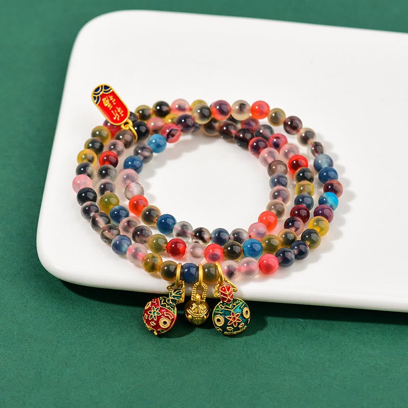 Colorful Candy Agate Gold Swallowing Beast Family Strength Charm Triple Wrap Bracelet