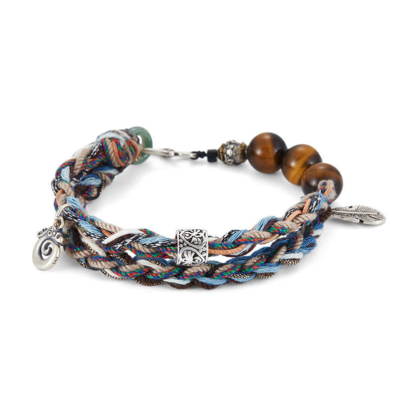 Handmade 925 Sterling Silver Tiger Eye & Jade Om Mani Padme Hum Colorful Rope Bracelet